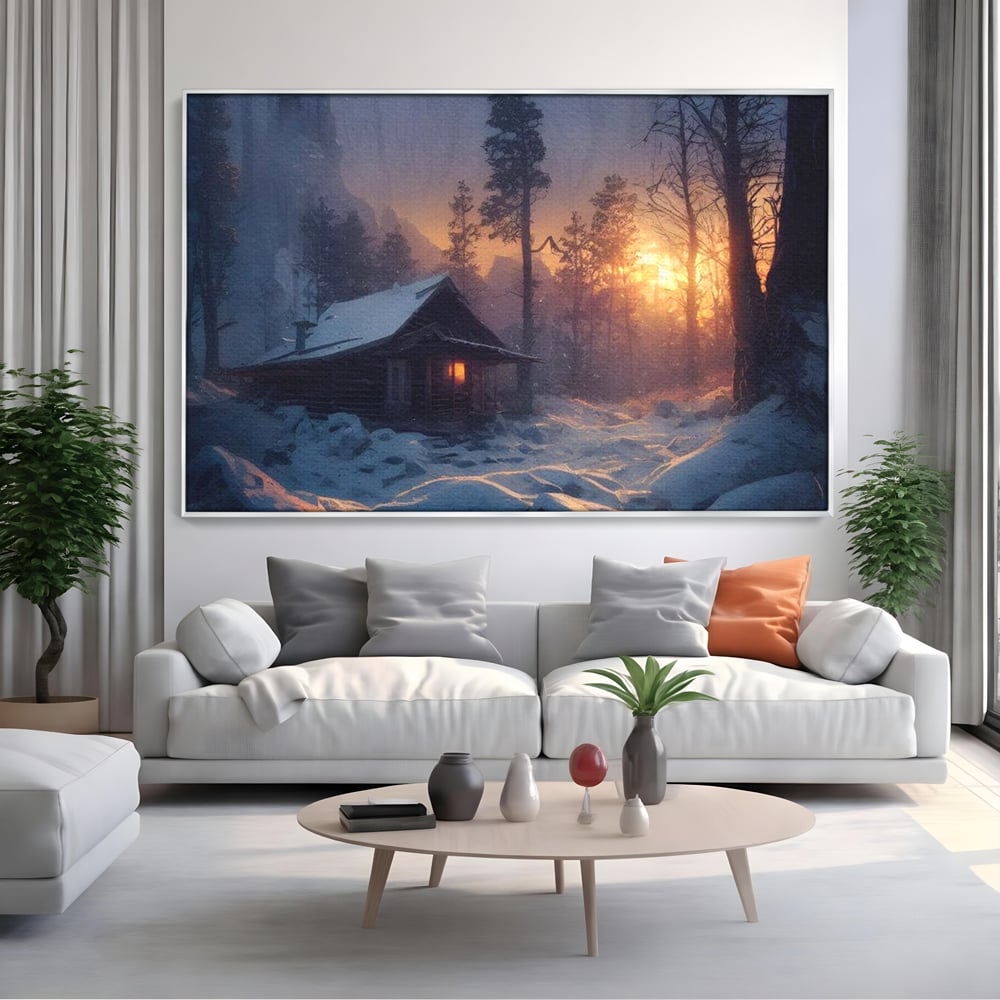 Tablou canvas cu tablou canvas cu cabana inzapezita, in rama de aluminiu argintiu, pe perete intr-un living